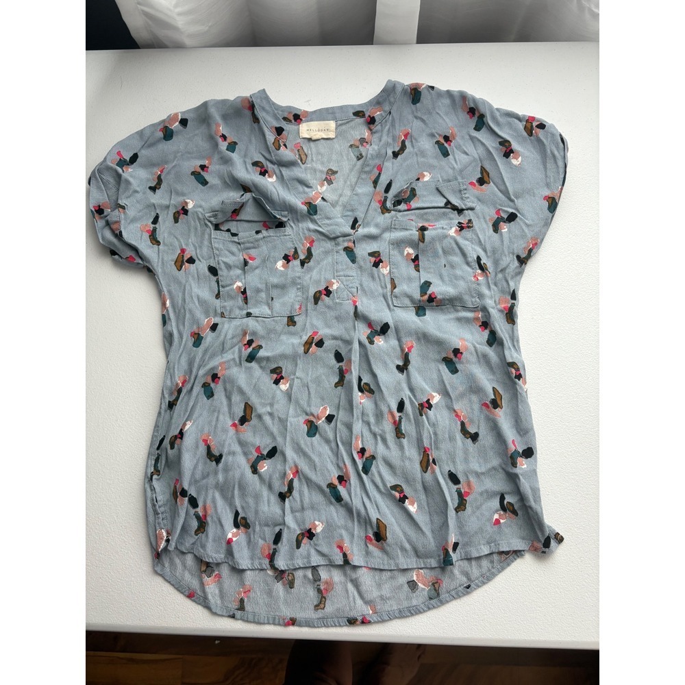 Melloday Blouse Top Abstract Print‎ V-Neck Short Sleeve Casual XS